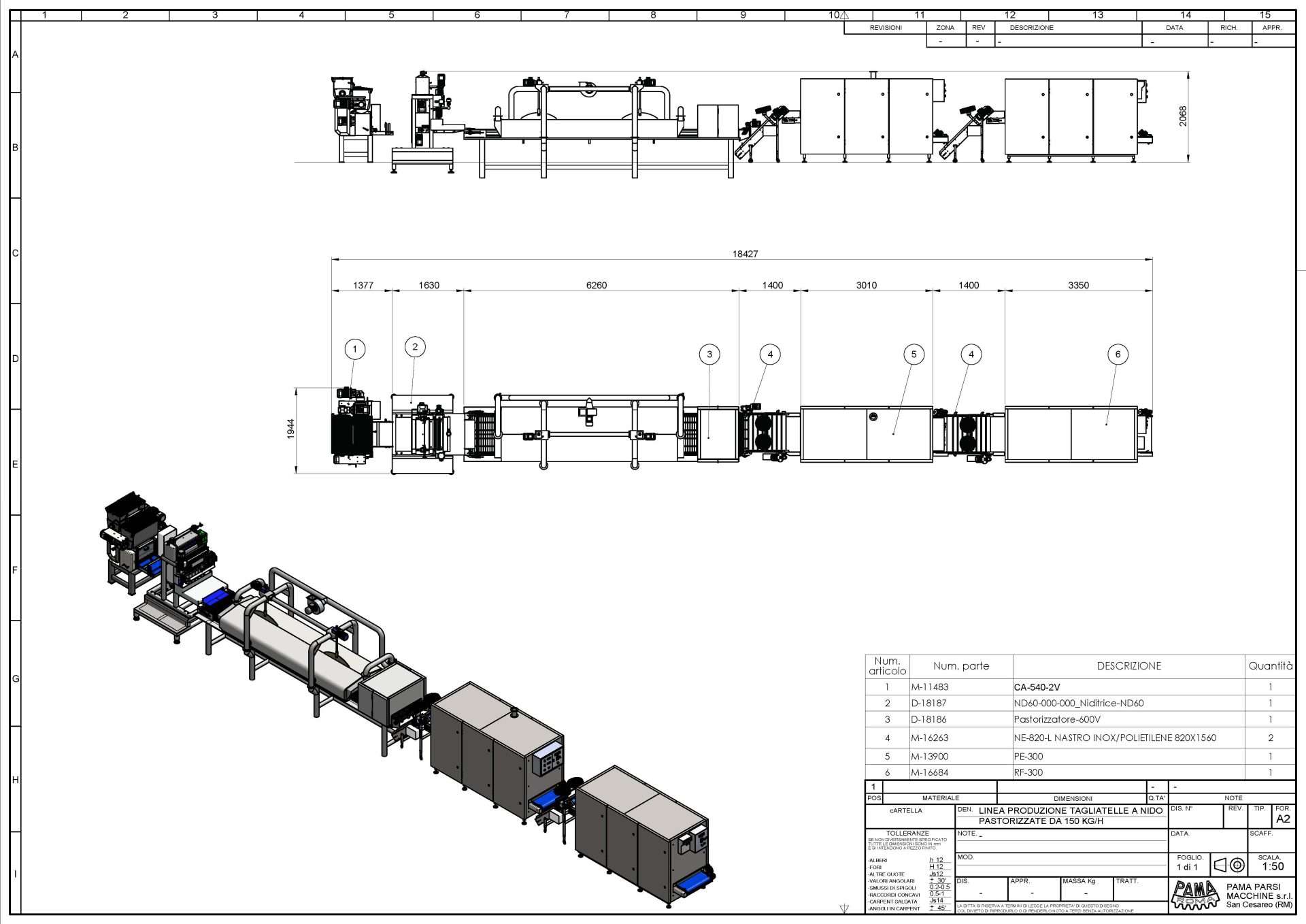 Lay-out ligne de production de nouilles nid pasteurisé prod. 150 kg/h